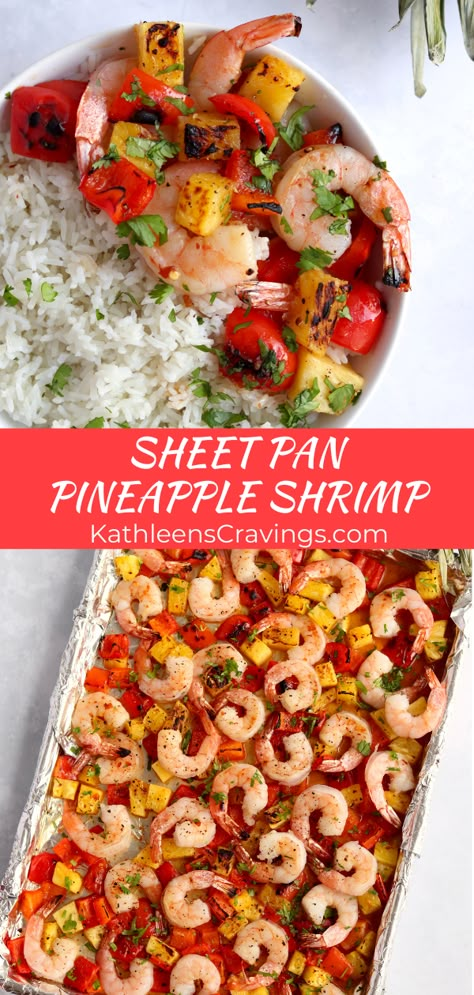 Sheet Pan Pineapple Shrimp is an easy 15-minute weeknight dinner! This Hawaiian shrimp inspired recipe is so easy to make. Broil pineapple, bell peppers, and shrimp with a simple teriyaki-inspired sauce that's made with pantry ingredients. Serve with your favorite cooked rice - even instant! Easy sheet pan dinner! Shrimp With Peppers And Pineapple, Polynesian Shrimp Recipes, One Sheet Shrimp, Pineapple And Shrimp Recipes, Shrimp Pineapple Recipes, Shrimp With Pineapple Recipe, Pineapple Shrimp Recipes, Shrimp And Pineapple Recipes, Hawaiian Shrimp Recipes