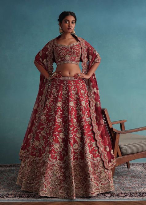 Kalki Cherry Red Embroidered 12 Kali Bridal Lehenga In Raw Silk With Floral Hand Embroidery Style No SG136405 Kali Design, Red Bridal Lehenga, Floral Hand Embroidery, Raw Silk Lehenga, Bridal Lehenga Red, Wedding Lehenga, Lehenga Designs, Scalloped Hem, Bridal Lehenga