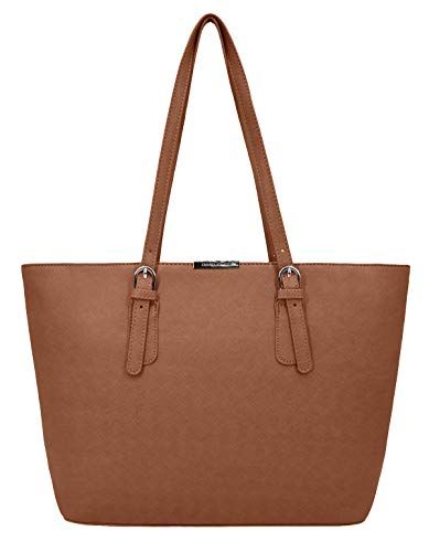 David Jones - Sac à Main Shopping Femme Grand Format - Sac Cours Lycée Fille - Cabas Fourre-Tout Porté Epaule Cuir PU Anse Longue - Shopper Grande Capacité A4 - Sac Etudiante Travail - Marron Camel Brown Leather Handle Shoulder Bag For School, Leather-handled Satchel Tote For School, Brown Double Handle Work Bags, School Tote Bag With Leather Handles, Sac Lancaster Suave Even, David Jones, Camel, Tote Bag, Quick Saves