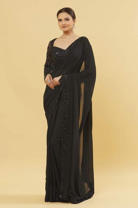 Buy Pink Pure Chiffon Plain Evening Shaded Saree With Running Blouse For Women by Nazaakat by Samara Singh Online at Aza Fashions. Trendy Sarees For Wedding, Black Chiffon Saree, Black Saree Party Wear, Black Saree Blouse Designs, Black Saree Designs, Black Saree Blouse, Shaded Saree, Sarees Black, Reception Saree