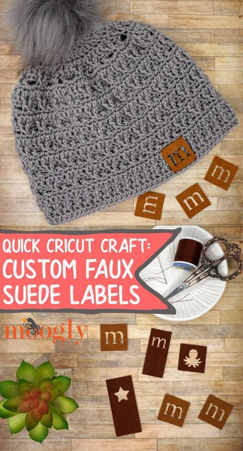 Custom hat labels are super popular right now, and you can make your own custom faux suede labels with this Quick Cricut Craft on Moogly!   #cricut #moogly #cricutmade #crochet #knitting Cricut Labels For Clothes, Clothing Labels Cricut, Diy Leather Labels, Leather Cricut, Cricut Leather, Crochet Labels, Knitting Labels, How To Make Leather, Crafts For Teens To Make