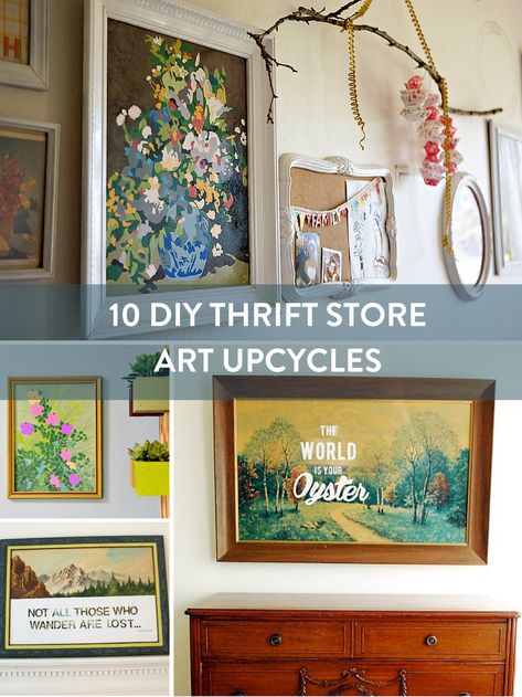 Check out these DIY upgraded thrift store art pieces.    #["recycled", "Inspiration", "thrift store", "colorful", "vintage", "eclectic", "Painting", "crafting", "Recycling & Upcycling"] Thrift Store Upcycle Decor, Thrift Store Diy Clothes, Upcycled Thrift, Diy Thrift Store Crafts, Thrift Store Art, Thrift Store Upcycle, Thrift Store Makeover, Thrift Store Diy, Thrift Store Decor