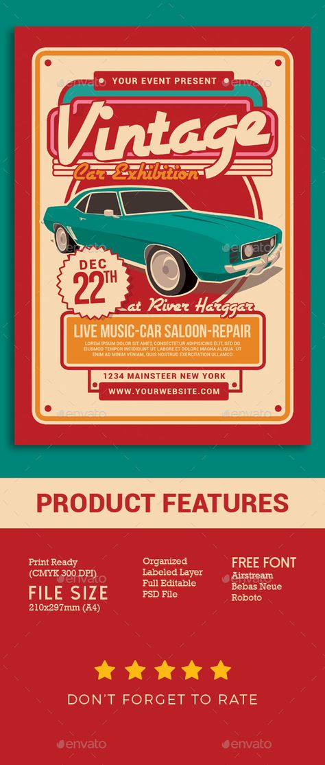 Vintage Car Exhibition. Customizable professional template for an event flyer. #FlyerTemplate #flyer #event #GraphicTemplate #design #PrintDesign #auto #automotive #CarShow #classic #convertible #creative #driver #engine #EventCar #fast #festival #HotRod #invitation #MotorCar #motorsport #MuscleCar #old #post #races #racetrack #racing #retro #show #star #stars #template #vintage #wheel Retro Racing Poster, Stars Template, Car Exhibition, Classic Convertible, Presentation Board Design, Automotive Logo Design, Carros Vintage, Invitation Flyer, Classic Car Show