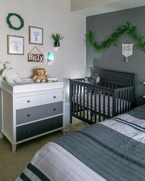 Nursery Ideas With Full Size Bed, Nursery Ideas In Apartment, Bed Side Nursery Ideas, Crib In Master Room Ideas, Nursery Ideas With Bed In Room, Guest Room Baby Room Combo, Minimal Nursery Ideas Small Room, Baby Small Room Ideas, Baby Boy Nursery Small Space