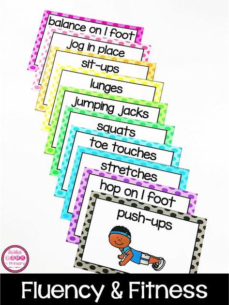 Exercise flashcards to give students a quick brain break in the classroom. #fluencyandfitness #brainbreaks #firstgrade #kindergarten Brain Break Cards Free, Exercise Cards For Kids, Sensory Break Ideas, Break Cards For Students Free Printable, Break Cards For Students, Brain Breaks Preschool, Exercise Cards Printable, Elementary Physical Education, Card Workout