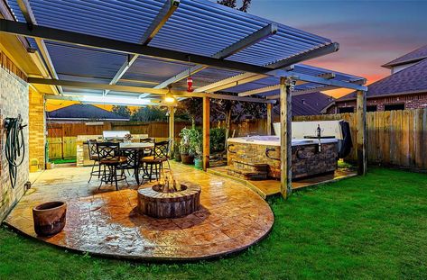 Covered Patio Hot Tub, Covered Patio With Hot Tub And Fire Pit, Deck Remodel Ideas, Travertine Tile Backsplash, Patio Features, Compound House, Deck Remodel, Forever Home Ideas, Hot Tub Patio