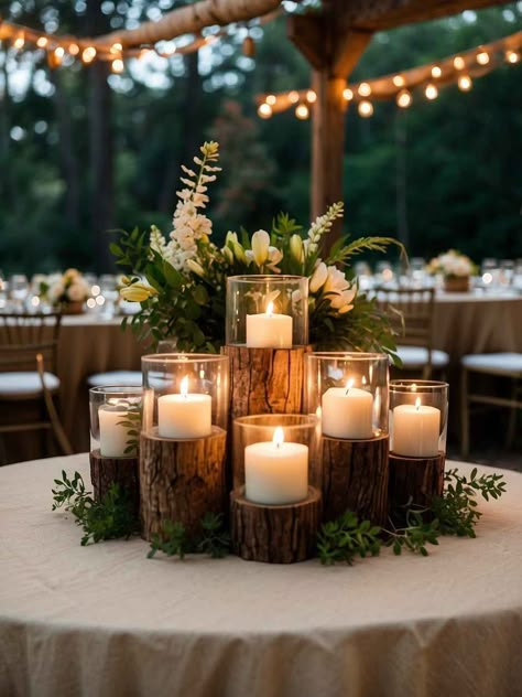 Wedding With Wood Decor, Woods Wedding Decorations, Elegant And Rustic Wedding Decorations, Cedar Branch Wedding Decor, Wood Log Centerpiece, Outdoor Wedding Reception Centerpieces, Fall Outdoor Wedding Reception Ideas, Rustic Whimsical Wedding Decor, Fall Outdoor Reception Ideas