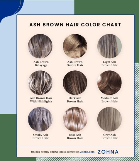 Ash Hair Color Chart, Ash Walnut Hair Color, Ash Brown Hair For Cool Skin Tones, Medium Ash Brown Hair Color Shades, Light Ash Brown Hair Color Formula, Cool Toned Highlights On Brown Hair, Ash Brown Toner, Mocha Ash Brown Hair Color, Smoky Ash Brown Hair