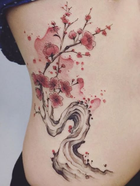 Cherry Blossom Rib Tattoo, Sakura Tattoo, Cherry Tattoos, Tattoos Pictures, Tattoo Pictures, Vine Tattoos, Tatuaje A Color, Blossom Tattoo, Cherry Blossom Tattoo