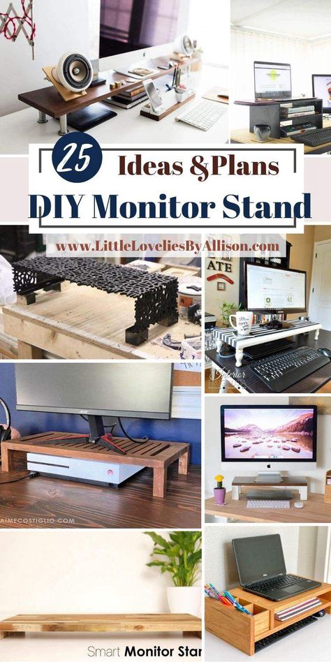 25 DIY Monitor Stand Projects_ How To Build A Monitor Stand Diy Computer Stand Monitor, Home Office Ideas With Computer Monitors, Desk Monitor Stand Diy, Computer Stand Diy, Diy Desk Setup, Computer Riser Diy, Diy Monitor Stand Ideas Ikea Hacks, Diy Wood Monitor Stand, Diy Desk Shelf Riser