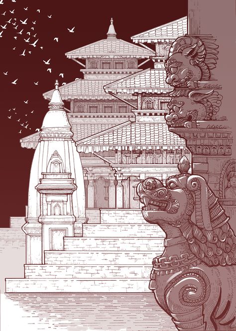 Illustration of Nepal on Behance Nepali Architecture Sketch, Nepali Illustration, Nepali Culture, Joey Wong, Traditional Illustration, Nepal Art, Nepal Culture, Durbar Square, Temple Art