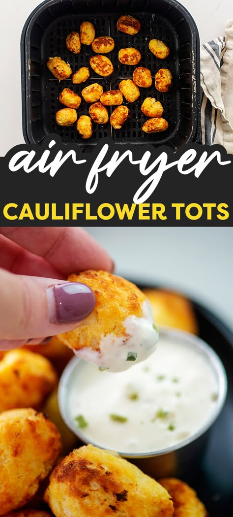 Cauliflower tots are a low carb version of our favorite childhood side dish! They are simple to make in the air fryer and come out plenty crispy! Low Carb Cauliflower Tots, Air Fryer Cauliflower Tots, Cauliflower Rice Air Fryer, Cauliflower Tots Air Fryer, Cauliflower Nuggets Air Fryer, Air Fryer Cauliflower Rice, Low Carb Air Fryer Snacks, Cauliflower Tots Recipe, Bariatric Air Fryer Recipes