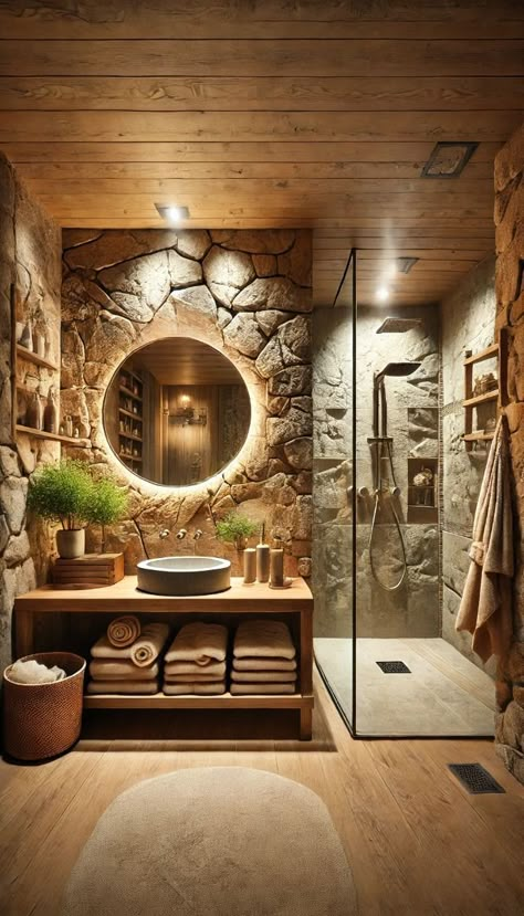 This bathroom exudes warmth and tranquility with its natural stone walls and wooden accents. The spacious shower and elegant round mirror create a spa-like atmosphere, while the earthy tones and lush greenery add a refreshing touch. Perfect for unwinding after a long day, this space combines functionality with a cozy, rustic charm. Stone Sink Bathroom Modern, Cozy Rustic Bathroom, Bathroom Stone Sink, Bathroom With Stone Wall, Natural Stone Wall Interior, Rustic Shower Ideas Bathroom, Rustic Stone Bathroom, Natural Stone Bathroom Ideas, Bathroom Ideas Stone