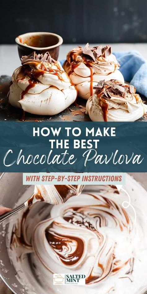 Follow our fool-proof recipe for mini pavlovas, complete with step-by-step instructions and professional chef tips for perfect meringue. Swirled with dark chocolate and topped with whipped cream and salted caramel, these pavlovas are an easy yet impressive dessert for Valentine's, Easter, or Christmas. Ideal for chocolate lovers, they offer a unique and reliable option to your dessert menu, perfect for any special occasion or date night. Coffee Pavlova Recipe, Nigella Chocolate Pavlova, Chocolate Swirl Pavlova, Mini Chocolate Pavlova, Traditional New Year’s Eve Dessert, Meringue Desserts Mini Pavlova, Pavola Desserts Christmas, New Years Pavlova, Sheet Pan Pavlova