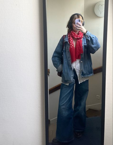 Im a sucker for double denim. Double denim outfit inspo #denimondenim #doubledenim #redscarf #polkadots #aesthetic #widelegdenim #fashion #outfitinspo Double Denim Outfit, 2025 Mood, Double Denim, Red Scarves, Wide Leg Denim, Denim Outfit, Mood Board, Polka Dots, Log