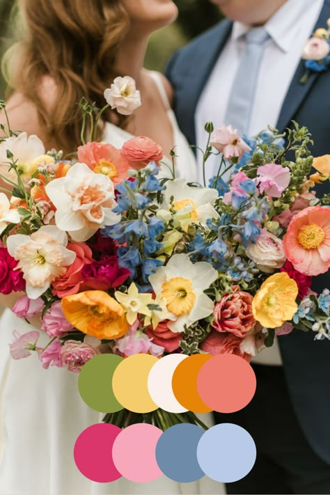 Spring Wedding Colors With Navy, Vivid Wedding Color Schemes, Wild Flower Garden Wedding, Pink Orange Green Color Scheme Wedding, Lesbian Wedding Color Schemes, Spring Jewel Tones, Wedding Linens Ideas Color Schemes, Wedding Colorful Decorations, Wild Flower Colour Palette