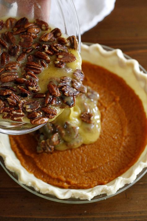 Pumpkin Pie With Bourbon Whipped Cream, Bourbon Pecan Pumpkin Pie, Autumnal Food, Pumpkin Pecan Pie Recipe, Thanksgiving Photoshoot, Pecan Pumpkin Pie, Gooey Pecan Pie, Lonely Christmas, Spiced Pumpkin Pie