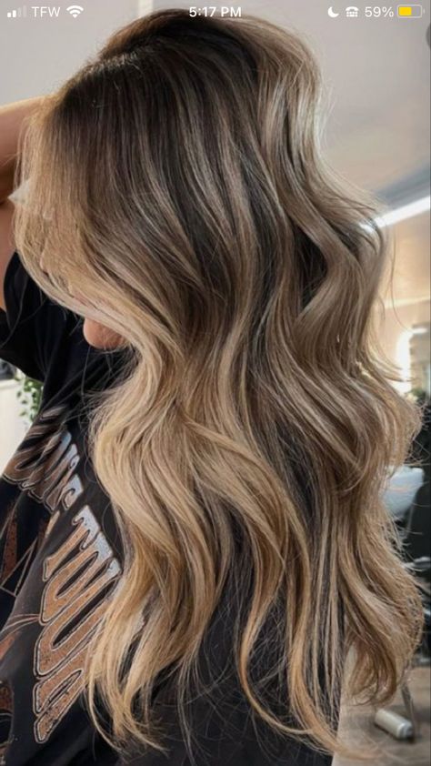 Dark Lived In Balayage, Brown Hair Teasy Lights, Dark Hair To Blonde Balayage, Brown Hair Blonde Highlights Money Piece, Ash Brown Ombre Hair, Blonde Ends On Brown Hair, Highlights Tan Skin, Dark To Light Hair Transformation, Lived In Balayage