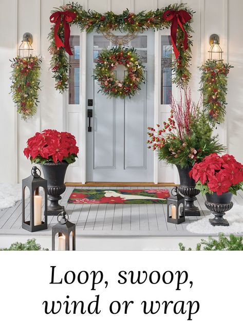 Classroom Door Decorations For Christmas, Door Decorations For Christmas, Christmas Door Decorating Ideas, Homestead Christmas, Porch Garland, Christmas Front Porch Decor, Christmas Porch Ideas, Pre Lit Christmas Wreaths, Front Door Decor Ideas