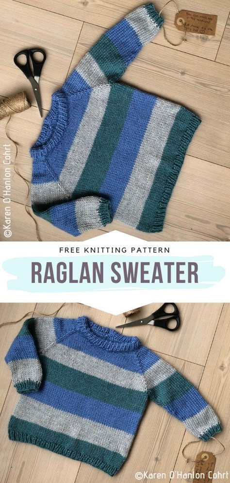 Raglan Sweater Free Knitting Pattern Who doesn't know the power of horizontal stripes yet? We all do! Knit this simple sweater with classic cut and neckline for your little bundles of joy to wear this season. You can go for cool tones like the brilliant author did or choose something different instead. #knitpullover #knitchildrenpullover #knitsweater #knitchildrensweater #freeknittingpattern Free Childrens Knitting Patterns, Kids Sweater Pattern, Boys Knitting Patterns Free, Knitting Patterns Boys, Kids Knitting Patterns, Knitting Patterns Free Sweater, Baby Boy Knitting Patterns, Baby Sweater Patterns, Jumper Knitting Pattern