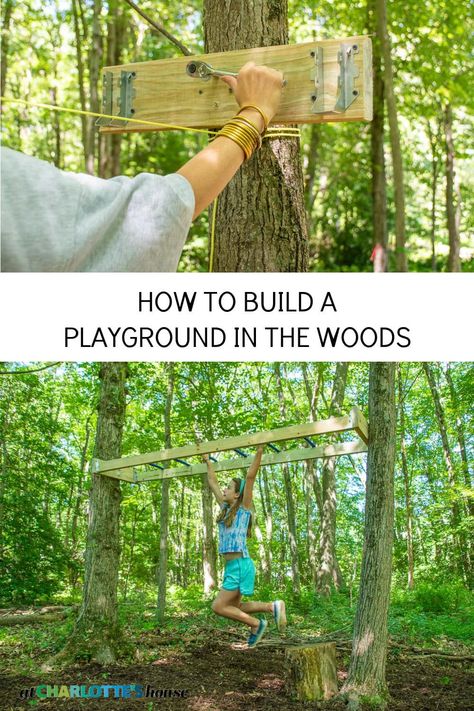 I turned the woods behind our house into this fun backyard playground but using the trees and stumps to build swings and other play equipment. #backyarddiy #diyplayground #backyardplayground #diybackyard Wood Playground, Outdoor Play Space, Fun Backyard, Play Area Backyard, Tree House Diy, Backyard Swings, Garden Goals, Outdoor Play Areas, Fun Park