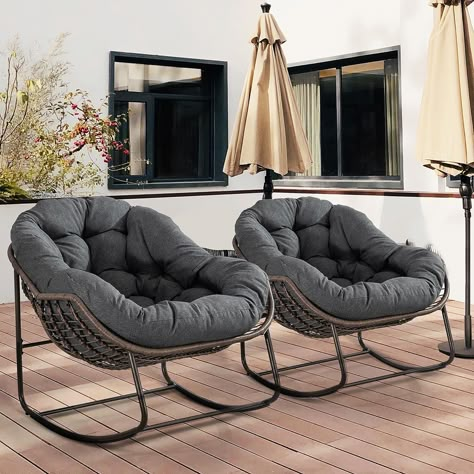 HOMEFUN Outdoor Patio Rocking Chairs Set of 2, Oversized Papasan Rocking Chair with Padded Cushion - Rocker Egg Chair for Front Porch, Garden, Patio, Backyard Gray Comfy Rocking Chair, Egg Shaped Chair, Front Porch Garden, Porch Chairs, Balcony Chairs, Rocking Chair Set, Cozy Patio, Porch Furniture, Patio Rocking Chairs