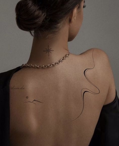 Line Tattoos On Back, Coi Fish Hand Tattoos, Minimal Tatoos Idea Woman, Organic Line Tattoo, Fineline Shoulder Tattoo, Fine Line Dainty Tattoo, Water Line Tattoo, Collet Bone Tattoo, Multiple Back Tattoos