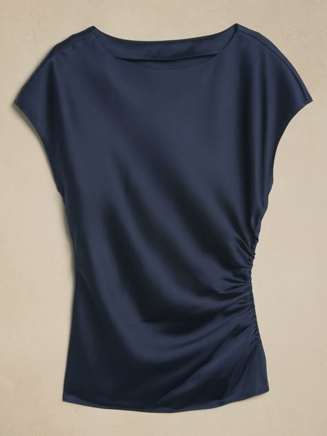 Shop Banana Republic Factory's Side-Shirred Blouse: Made from new double satin fabric. A strong silhouette making this a very versatile blouse., Boatneck. Cap sleeves., Invisible side zipper at wearer's right., Made exclusively for Banana Republic Factory., #888945 Shirt Patterns For Women, Women Fall Tops, Shirred Blouse, Silk Tops Blouses, Satin Bluse, Pattern Dress Women, Draped Blouse, Fashion Tops Blouse, Satin Blouses