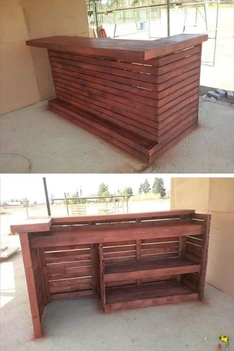 Diy Home Bar Plans, Diy Bar Ideas, Pallet Wood Bar, Diy Pallet Bar, Pallet Bar Plans, Wooden Pallet Bar, Diy Garden Bar, Pallet Bars, Pallet Bar Diy