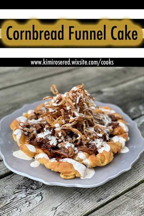 Bbq Fair Food, Cornbread Funnel Cake, Southern Food Truck Ideas, Bbq Food Truck Ideas, Food Truck Favorites, Savory Parfait, Blackstone Funnel Cake, Bbq Food Truck Menu Ideas, Bbq Parfait Pulled Pork