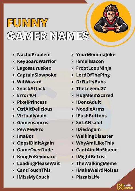 790+ Best Funny Gamer Names [Cool, Creative & Unique Ideas] - Names Crunch Funny Group Names Ideas, Funny Game Names, Online Id Name Ideas Ps4, Screen Names Ideas, Funny Gamer Tag Names, Cool Names For Games, Cute Gamertag Ideas, Gamer Tag Names Ideas Girl, Weird Names Ideas