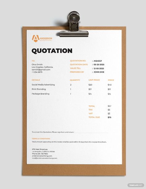 Advertising agency Quotation Template Quotation Design, Quotation Template, Agency Business Cards, Quotation Format, Order Template, Sales Quotes, Numbers Template, Service Quotes, Construction Cleaning