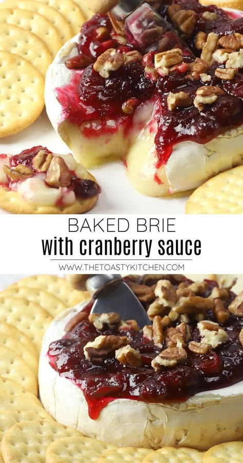 Baked brie with cranberry sauce recipe by The Toasty Kitchen. Baked brie with cranberry sauce is an easy, three-ingredient appetizer to serve at your next holiday gathering. Hot, melted brie cheese is topped with cranberry sauce and chopped pecans. #bakedbrie #cranberrysauce #thanksgiving #christmas #holidayappetizer #appetizer #briewithcranberrysauce #cranberries Brie Cranberry Appetizer, Baked Brie With Cranberry Sauce, Brie With Cranberry Sauce, Baked Brie With Cranberry, Baked Brie Cranberry, Cranberry Appetizer, Brie Recipes Appetizers, Melted Brie, Brie Cheese Recipes