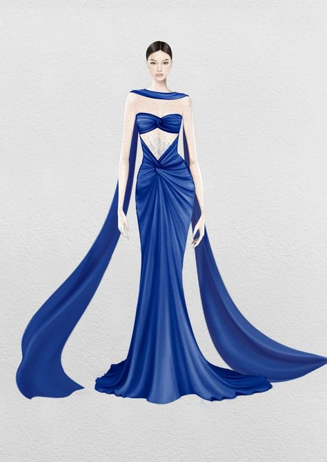 Blue Dress Illustration, Gown Sketches Design Illustration Fashion, Gown Illustrations Sketches, Mermaid Dress Illustration, Fasion Dressing Sketch, Gown Designs Drawing, Emphasis Dress Illustration, Fashion Design Collection Sketch, Party Wear Illustration Sketches