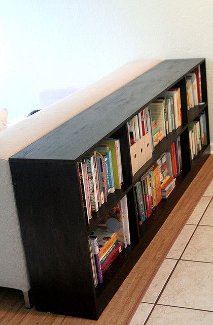 Short Bookshelf, Diy Bookshelf Design, Low Bookshelves, Diy Bookshelf, Bookshelf Plans, Bookcase Diy, Behind Couch, Low Bookcase, Black Kitchen Faucets