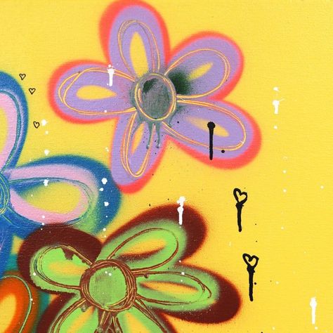 Bright Colorful Graffiti Painting Flowers Street Art Playful "Singing Flowers" Original Artwork by Amber Goldhammer Abstract Art Famous, Easy Patterns To Paint, Painted Flowers Easy, Trippy Flower Art, Kitchy Art, Ethereal Color Palette, Paintings With Words, Emotions Artwork, Pink And Yellow Art