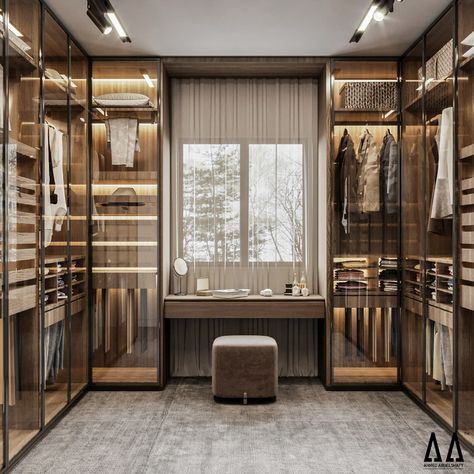 Glass Door Walk In Closet, Glass Dressing Room, Walking Wardrobe Ideas, Her Walk In Closet, Luxury Walk In Closet, Artistic Bedroom, Wardrobe Design Ideas, Glass Closet, Artist Bedroom