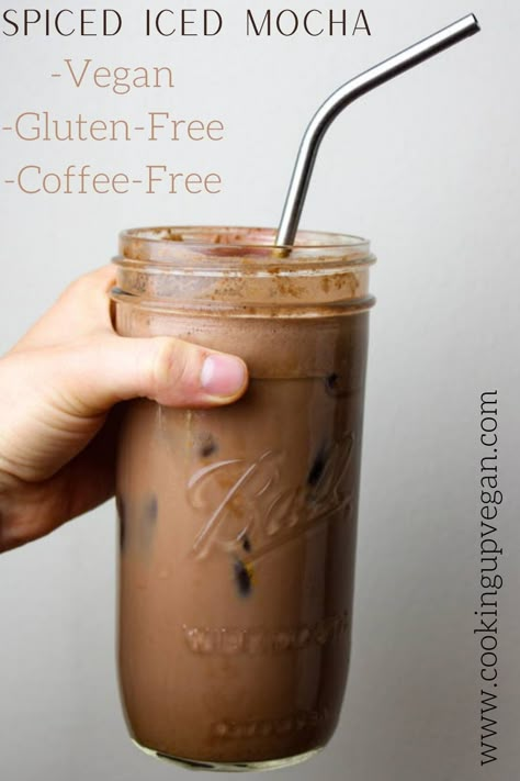 Coffee and dairy free spicy iced mocha in a glass with a straw. Iced Coffee Recipe Vegan, Vegan Iced Coffee Recipes, Coffee Replacement Drinks Healthy, Cacao Coffee Replacement, Healthy Coffee Replacement, Iced Coffee Alternative, Drinks To Replace Coffee, Vegan Coffee Recipes Healthy, Coffee Blender Recipes