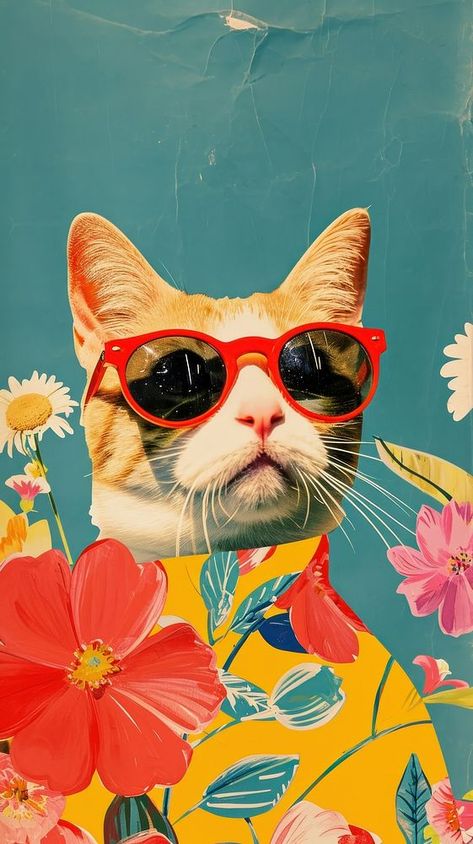 Cat Posters Art Prints, Red Cute Wallpaper, Sunglasses Portrait, Collage Cat, Cat With Sunglasses, Cat Phone Wallpaper, Retro Collage, Summer Cat, Cat Collage