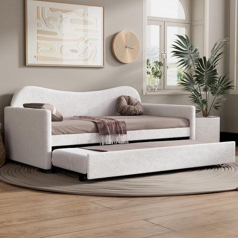 Amazon.com: Cozy Castle Twin Size Daybed with Trundle, Upholstered Sherpa Daybed with Wood Slats Support, Modern Sofa Bed for Living Room, Bedroom, No Box Spring Required, Bed Frame, White : Home & Kitchen Office Daybed Combo, Day Bed Guest Room, Queen Size Day Bed, Sofa Bed For Bedroom, Guest Room Daybed, Day Bed Ideas, Cozy Castle, White Bed Frames, Bed For Bedroom