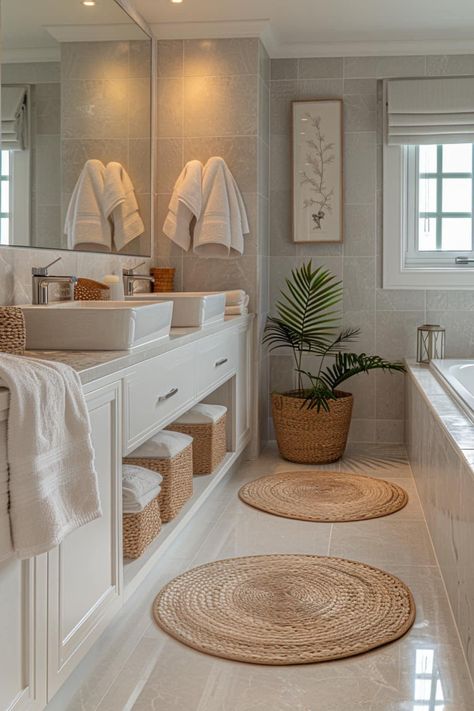 Beach Home Bathroom Ideas, Cozy Coastal Bathroom, Timeless Coastal Bathroom, Beachy Master Bath, Coastal Transitional Bathroom, Modern Aesthetic House Interior, Coastal Modern Apartment, Modern Coastal Apartment Decor, Beach House Airbnb Decor