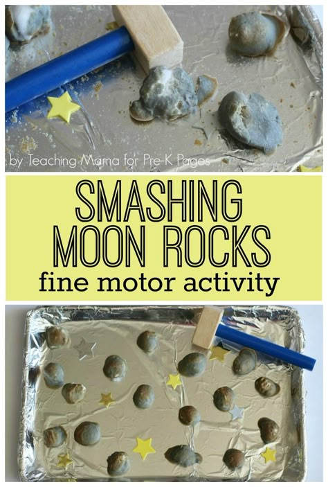 Moon Rocks Fine Motor Activity - fun activity with smashing! Don't know a child who wouldn't love it! Preschool Space Theme, Space Activities Preschool, Space Lesson Plans, Planets Activities, Space Theme Preschool, Moon Activities, Space Activities For Kids, Space Lessons, Space Preschool