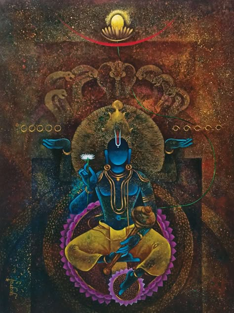 Lord Padmanabha Swamy, Krishna Universal Form, Lord Vishnu Art, God Painting Indian, Vishnu Painting, Shree Krishna Art, Mythological Paintings, Deity Art, Angry Lord Shiva