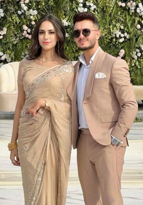 Couple dress outfits. Couple Matching Outfits Indian, Couple Dress Matching Indian, Ayesha Beig, Couple Dress Matching, Engagement Couple Dress, Wedding Matching Outfits, Shahveer Jafry, Beige Suit, Suit For Wedding