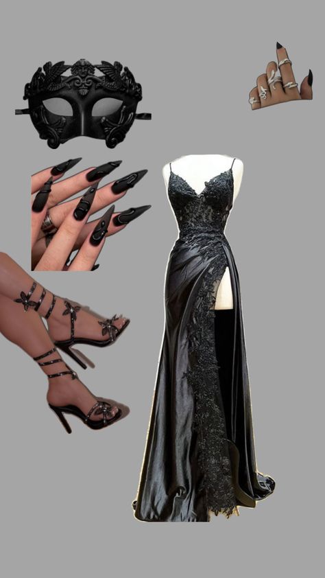 Masquerade Ball Party Outfit, Gothic Masquerade Dress, Sweet 16 Masquerade Party Dress, Masquerade Black Women, Sweet 16 Party Masquerade Theme, Phantom Of The Opera Outfit Ideas, Masked Ball Outfit Dresses, Vampire Masquerade Ball Aesthetic, Masquerade Prom Dress And Mask