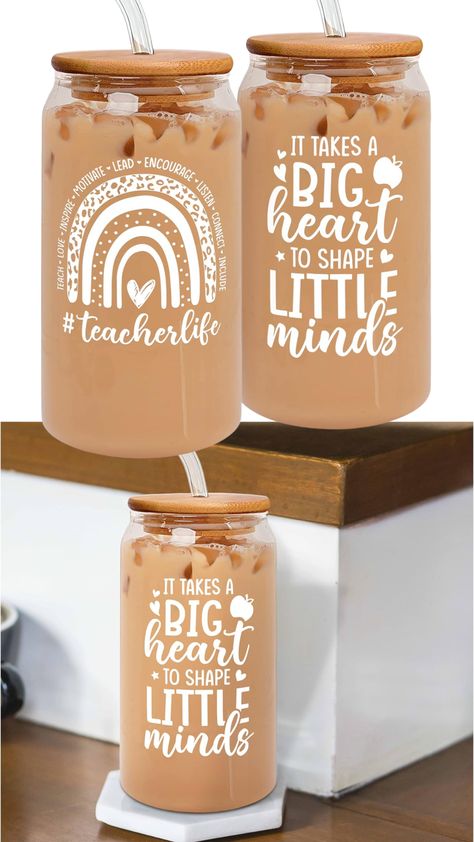 It takes a big heart to shape little minds 16 ounce glass can tumbler for teachers. It says #teacherlife on the back with a rainbow and the words "teach, love, inspire, motivate, lead, encourage, listen, connect, include." Teacher Coffee Gifts, End Of Year Teacher Gifts, School Supplies Cake, Appreciation Gifts Diy, Teacher Holiday Gifts, Teacher Appreciation Gifts Diy, Coffee Gifts Card, Teacher Birthday Gifts, Cute Teacher Gifts