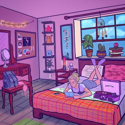 #homedecor #fashion #lofi #aesthetic #digitalart #illustration #original #characterdesign #kawaiiart #interiordesign Bedroom Drawing, I Hope, Desk, Reading, Bedroom, Bed, Anime, Design, Art