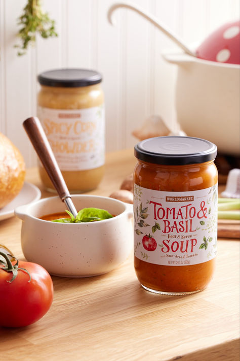 A traditional Italian favorite, our quick and easy World Market® Tomato & Basil Soup is a nourishing comfort food filled with real cream, perfectly ripe tomatoes, and lots of fresh basil. Satisfying in any weather with its creamy blend of classic flavors, this heat-and-serve soup is made with high-quality premium ingredients. It's a homemade-style tomato bisque that's even better served with hearty Tuscan bread or crispy parmesan crackers. #WorldMarket #Soup #FallSoup #EasyDinnerIdeas Soup Product Photography, Soup Photography, Tomato And Basil Soup, Tuscan Bread, Parmesan Crackers, Love The World, Tomato Bisque, Italian Favorites, Basil Soup