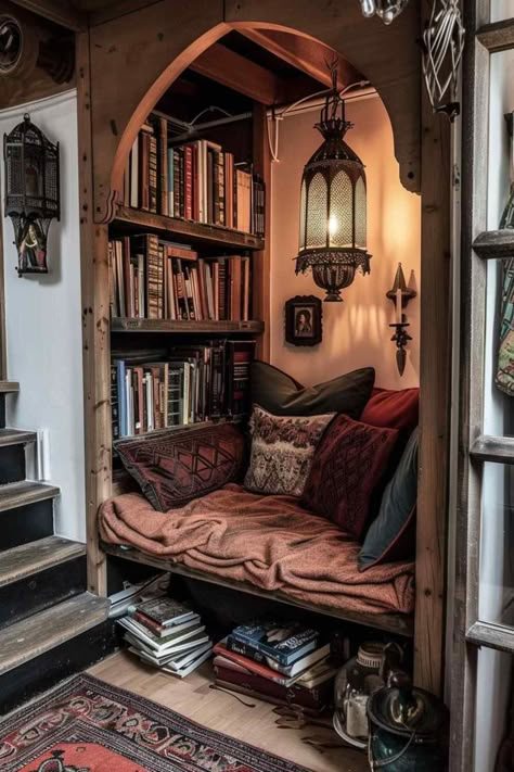 84 Gothic-Mediterranean Reading Nooks with Old-World Charm (Concept Interiors) Book Nook Design, Book Nook In House, Old World Library Decor, Antique Reading Nook, Weird Nook Ideas, Spooky Reading Nook, Fantasy Inspired Home, Cottage Vibe House, Library Nook Home