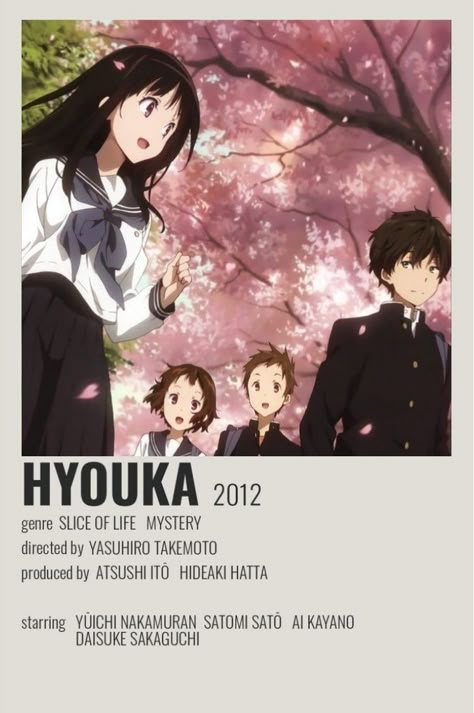 Anime recommendation
Anime
Hyouka
Mystery
Some information about this anime Oreki Houtarou, My Anime List, Anime Minimalist Poster, Relatable Characters, Slice Of Life Anime, Anime High School, Kyoto Animation, Animes To Watch, Anime Printables